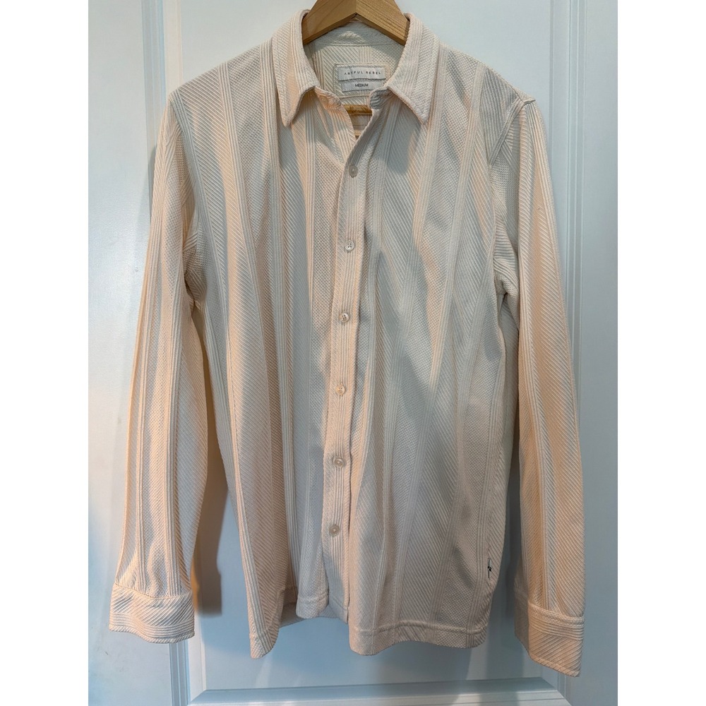 Artful Rebel Mens Cream Textured Vertical Stripe Button Down Shirt Medium